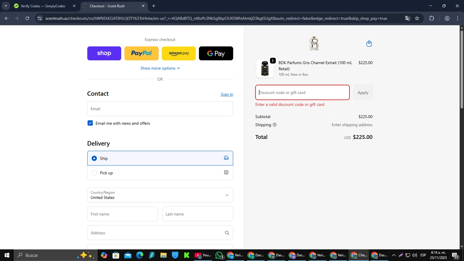 Scent Rush discount code screenshot showing code DOUD5 applied at Scent Rush checkout page. Uploaded by SimplyCodes community member RebateCaptain6440 on Nov 25, 2025