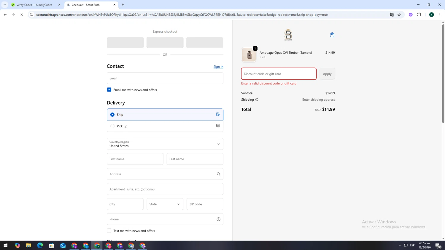 Scent Rush discount code screenshot showing code MG26 applied at Scent Rush checkout page. Uploaded by SimplyCodes community member VoucherSpotter6910 on Feb 18, 2026