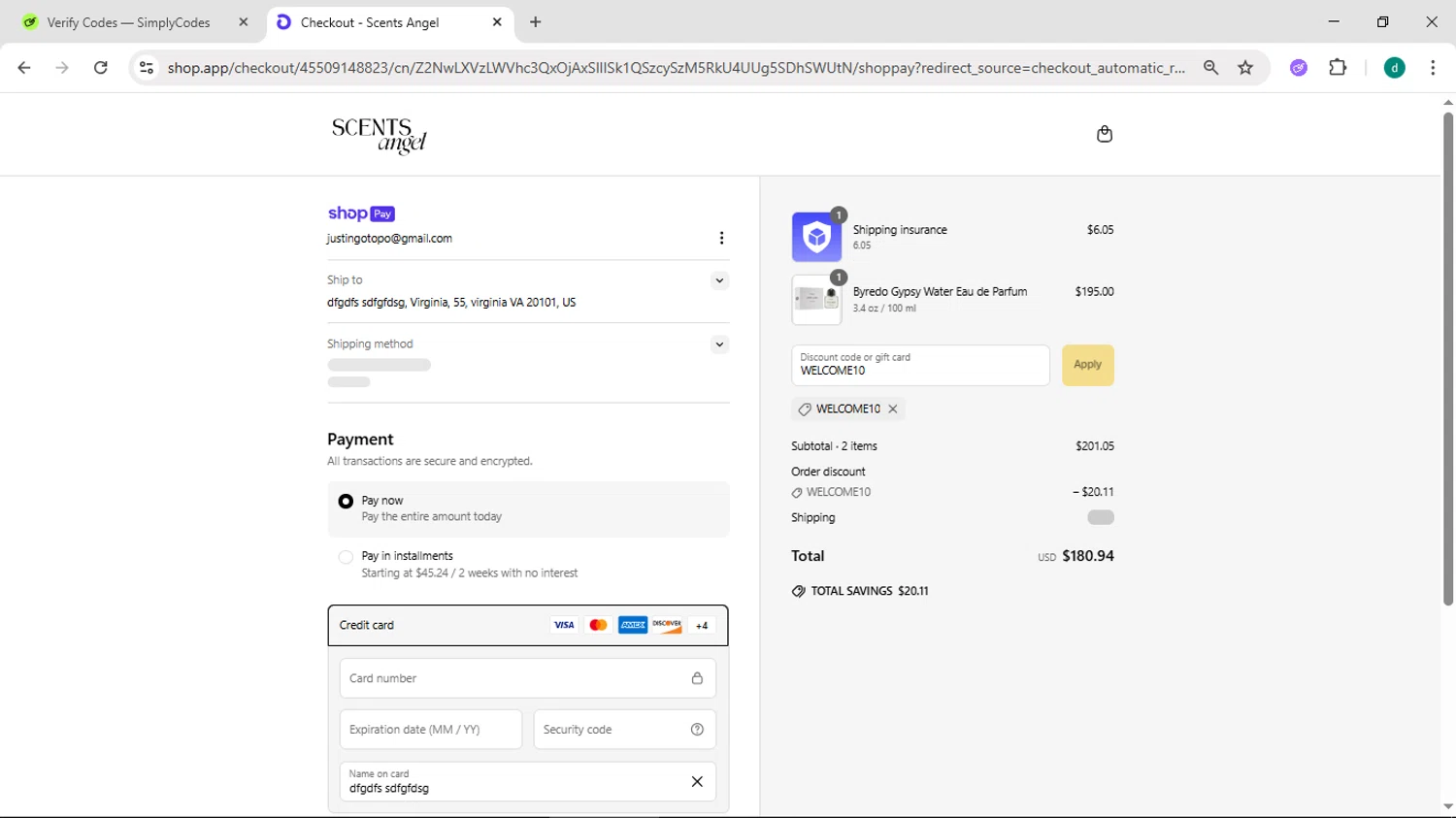 Scents Angel discount code screenshot showing code WELCOME10 applied at Scents Angel checkout page. Uploaded by SimplyCodes community member HEROESCUDA on Jun 24, 2025