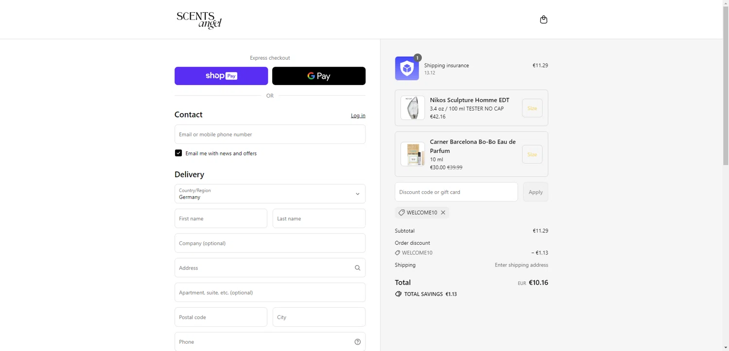 Scents Angel discount code screenshot showing code WELCOME10 applied at Scents Angel checkout page. Uploaded by SimplyCodes community member PennyRanger8219 on Jul 2, 2025