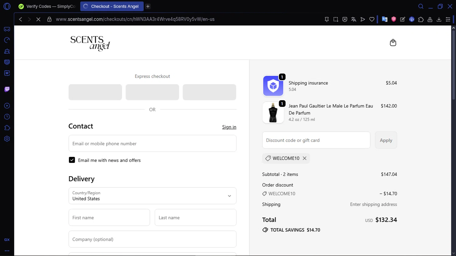 Scents Angel discount code screenshot showing code WELCOME10 applied at Scents Angel checkout page. Uploaded by SimplyCodes community member ACIDOSULFURICO on Sep 19, 2025