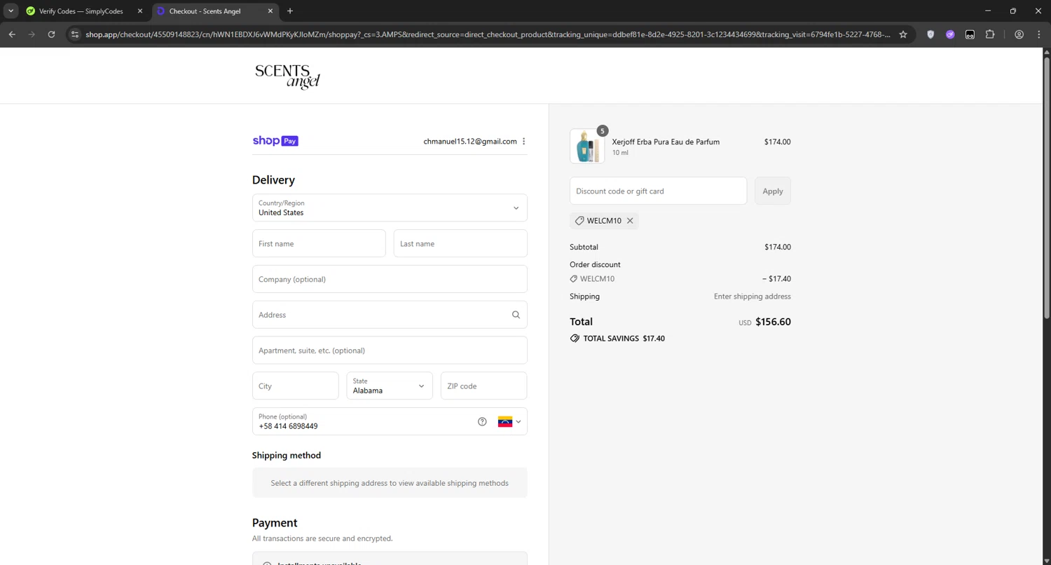 Scents Angel discount code screenshot showing code WELCM10 applied at Scents Angel checkout page. Uploaded by SimplyCodes community member manuelchirinos2 on Jul 30, 2025