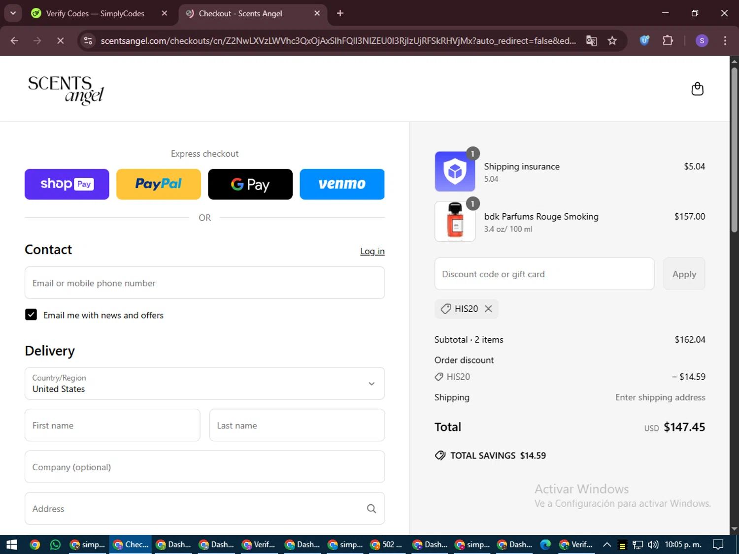 Scents Angel discount code screenshot showing code HIS20 applied at Scents Angel checkout page. Uploaded by SimplyCodes community member LuckyVoyager688 on Jun 11, 2025
