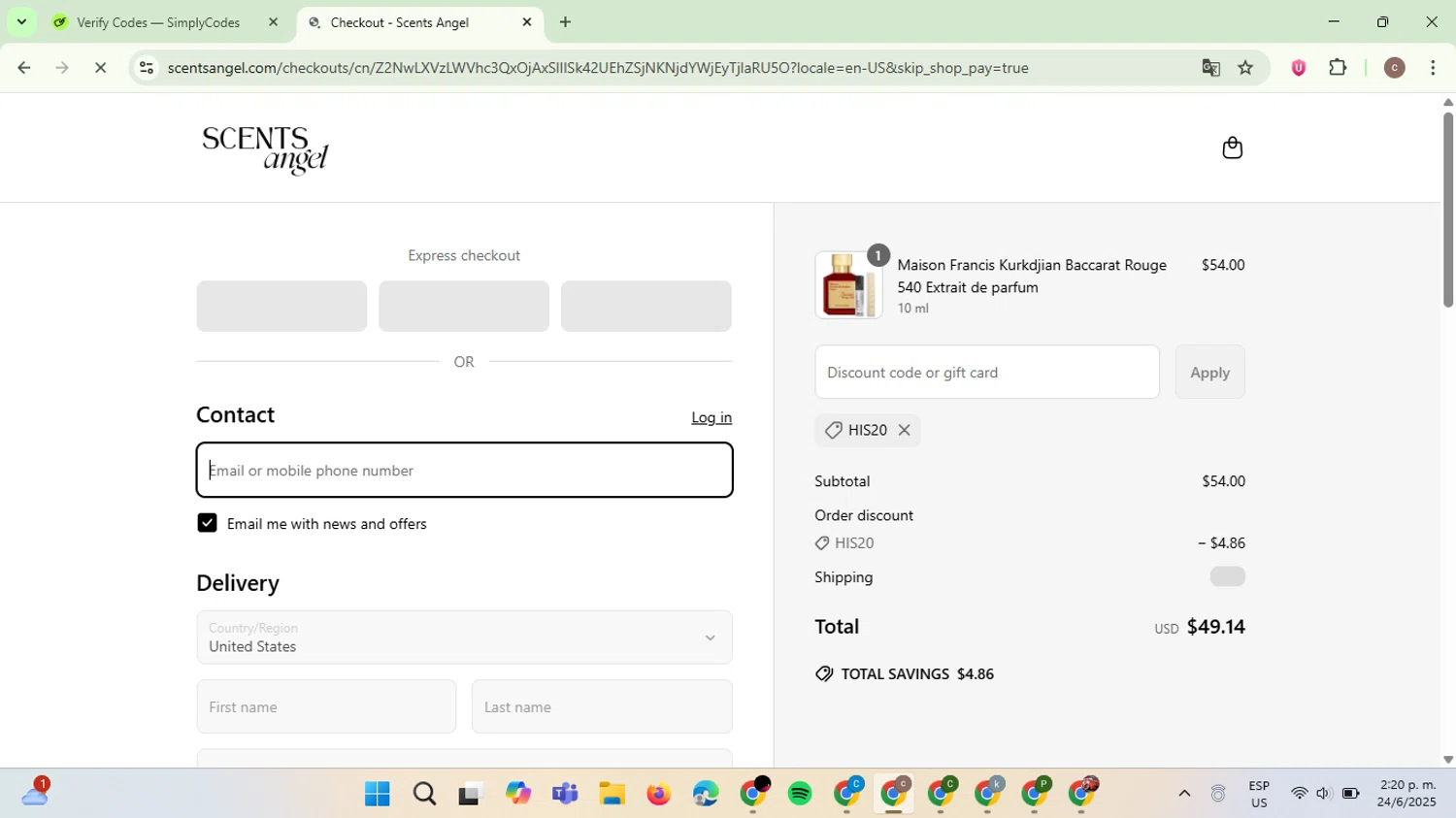 Scents Angel discount code screenshot showing code HIS20 applied at Scents Angel checkout page. Uploaded by SimplyCodes community member NobleExpert6497 on Jun 24, 2025