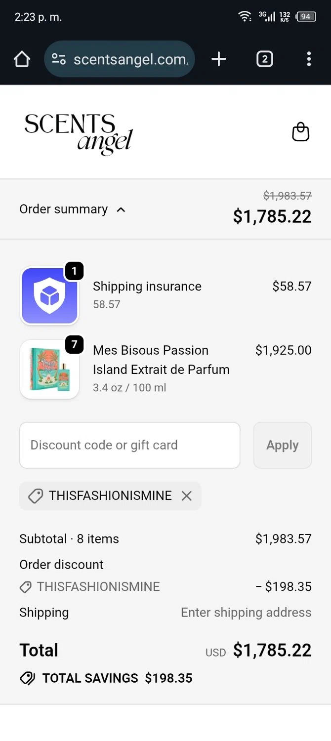 Scents Angel discount code screenshot showing code THISFASHIONISMINE applied at Scents Angel checkout page. Uploaded by SimplyCodes community member Rafita on Dec 21, 2025