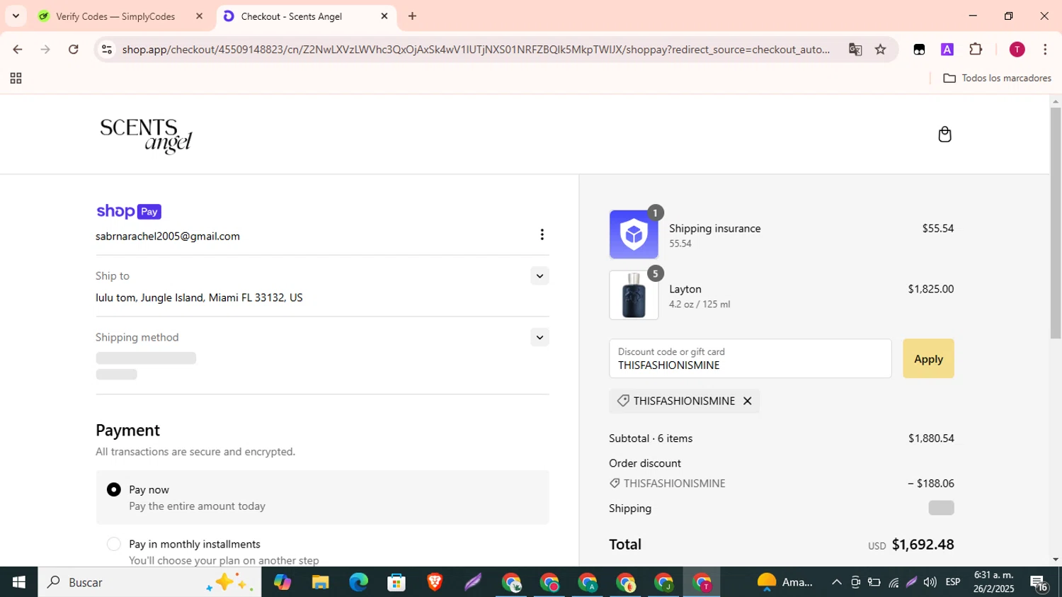 Scents Angel discount code screenshot showing code THISFASHIONISMINE applied at Scents Angel checkout page. Uploaded by SimplyCodes community member SavvyLynx7166 on Feb 26, 2025