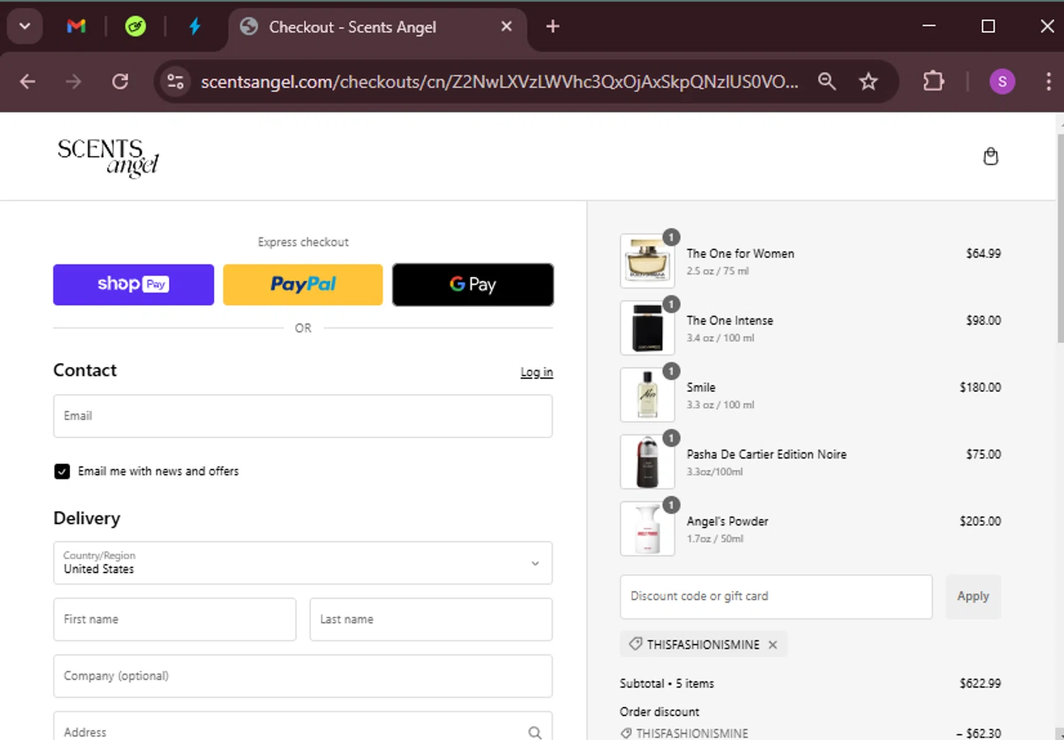 Scents Angel discount code screenshot showing code THISFASHIONISMINE applied at Scents Angel checkout page. Uploaded by SimplyCodes community member tinkle_tinkle on Jan 28, 2025