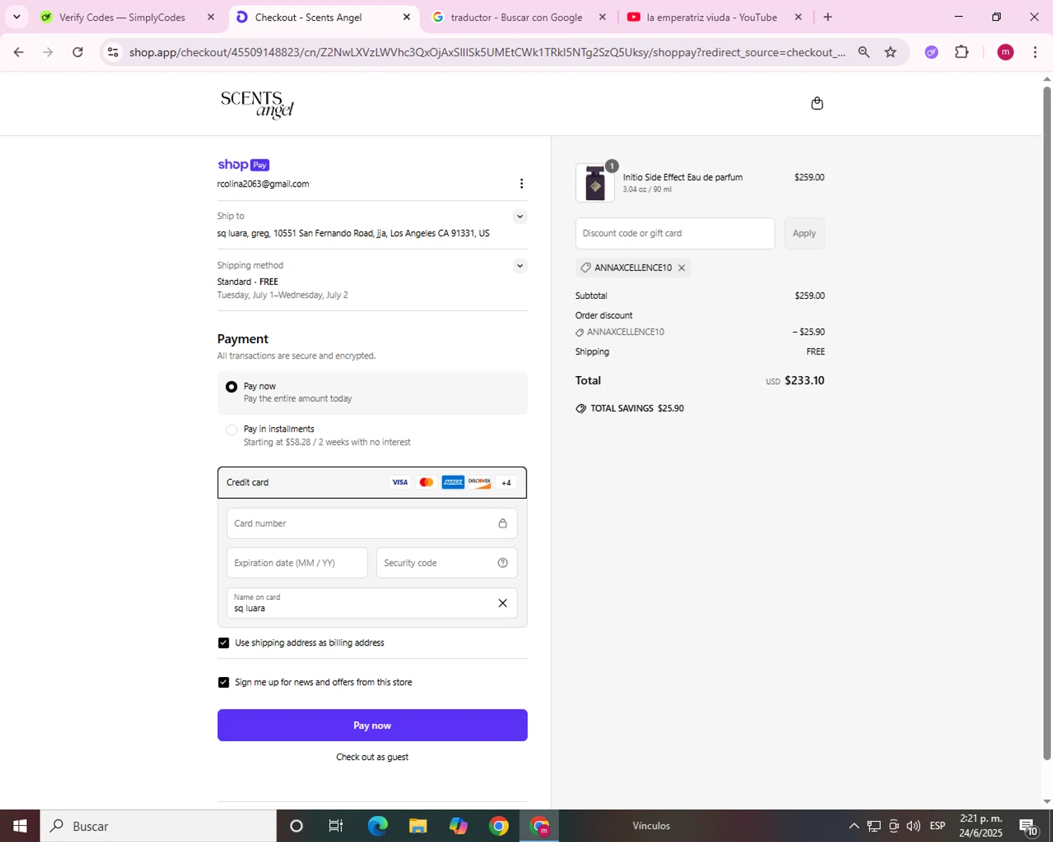 Scents Angel discount code screenshot showing code Annaxcellence10 applied at Scents Angel checkout page. Uploaded by SimplyCodes community member BrilliantScholar5403 on Jun 24, 2025