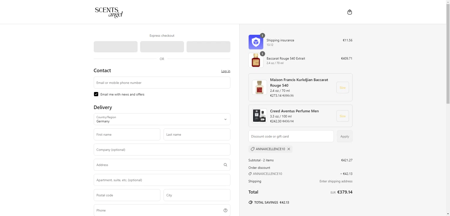 Scents Angel discount code screenshot showing code Annaxcellence10 applied at Scents Angel checkout page. Uploaded by SimplyCodes community member DiscountWarden480 on Jun 12, 2025