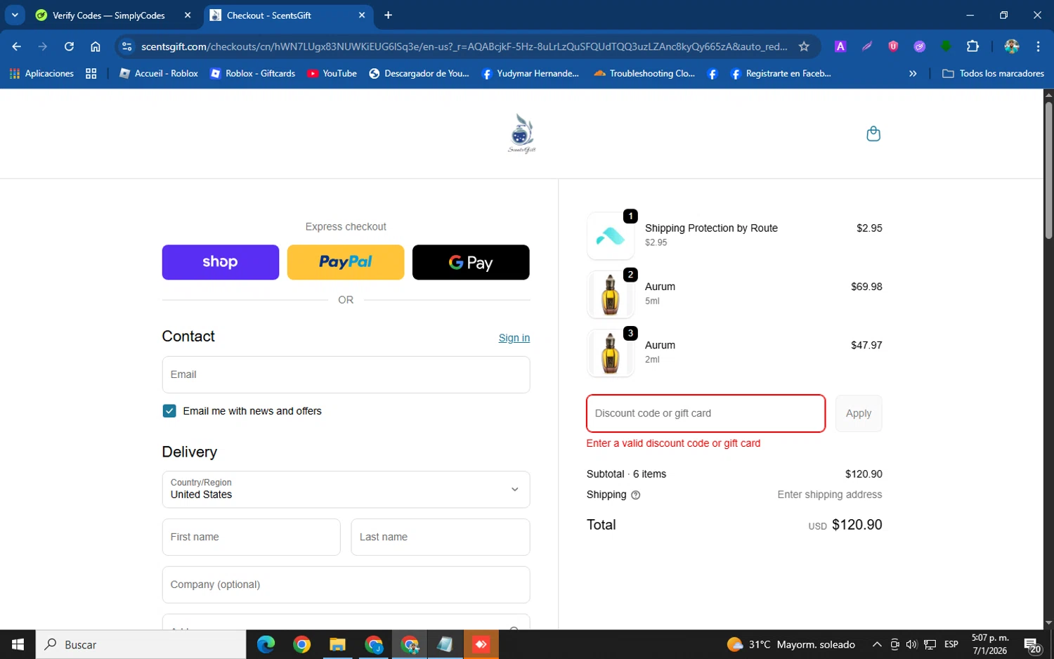 ScentsGift coupon code screenshot showing code SG10 applied at ScentsGift checkout page. Uploaded by SimplyCodes community member helicoide on Jan 7, 2026