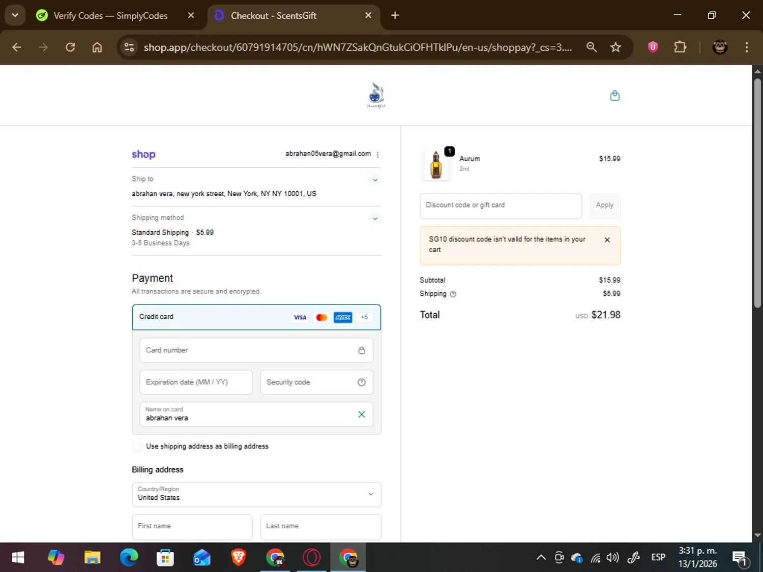 ScentsGift checkout page showing ScentsGift coupon code box | Screenshot taken by SimplyCodes community member on Jan 13, 2026