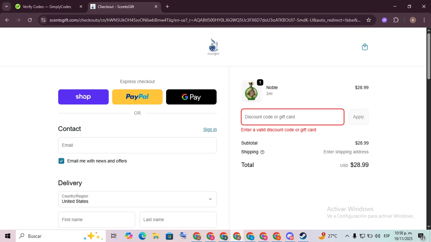 ScentsGift coupon code screenshot showing code WKLY12 applied at ScentsGift checkout page. Uploaded by SimplyCodes community member BargainGenius8397 on Nov 20, 2025