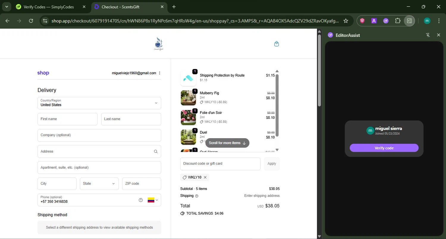 ScentsGift checkout page showing ScentsGift coupon code box | Screenshot taken by SimplyCodes community member on Jan 27, 2026