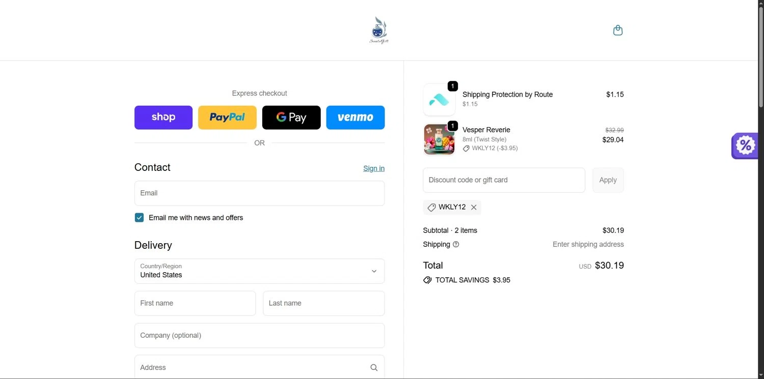 ScentsGift coupon code screenshot showing code WKLY12 applied at ScentsGift checkout page. Uploaded by SimplyCodes community member Depressive on Dec 24, 2025