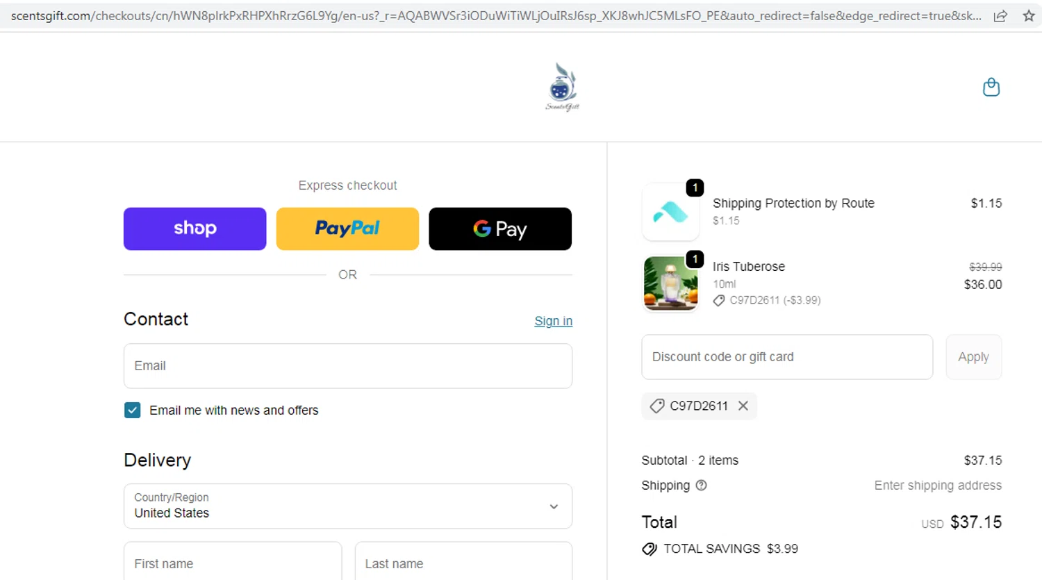 ScentsGift coupon code screenshot showing code C97D2611 applied at ScentsGift checkout page. Uploaded by SimplyCodes community member EMILIANOMASABE on Feb 16, 2026