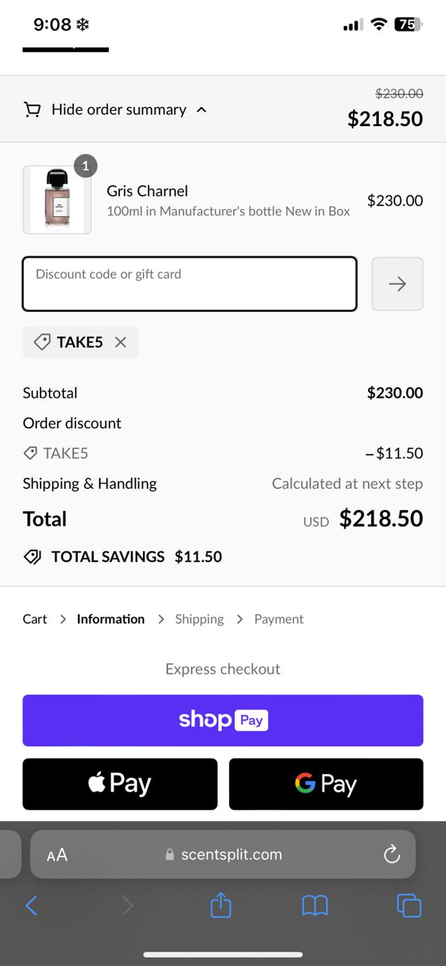 Scent Split checkout page showing Scent Split discount code box | Screenshot taken by SimplyCodes community member on Mar 13, 2024