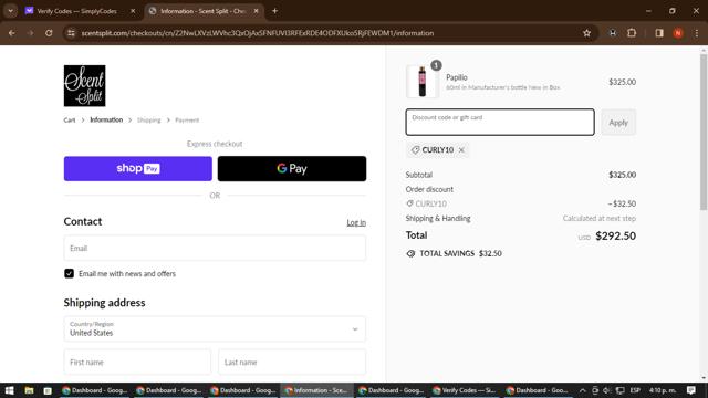 Scent Split checkout page showing Scent Split discount code box | Screenshot taken by SimplyCodes community member on Mar 20, 2024