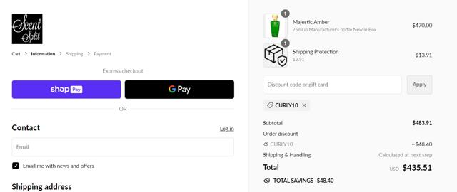 Scent Split checkout page showing Scent Split discount code box | Screenshot taken by SimplyCodes community member on May 3, 2024