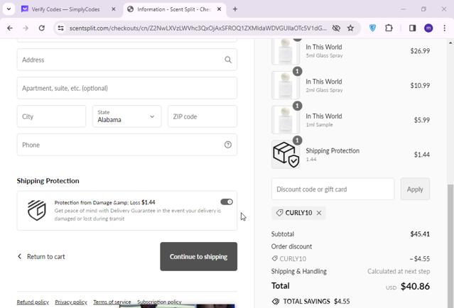 Scent Split checkout page showing Scent Split discount code box | Screenshot taken by SimplyCodes community member on Apr 4, 2024