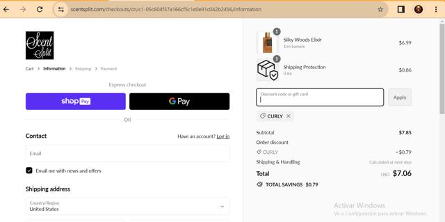 Scent Split checkout page showing Scent Split discount code box | Screenshot taken by SimplyCodes community member on Feb 21, 2024