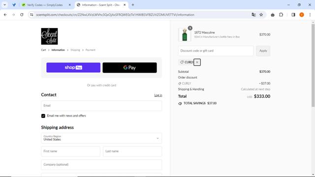 Scent Split checkout page showing Scent Split discount code box | Screenshot taken by SimplyCodes community member on Apr 5, 2024