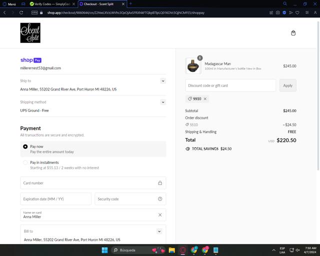 Scent Split checkout page showing Scent Split discount code box | Screenshot taken by SimplyCodes community member on Apr 7, 2024