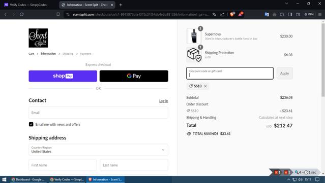 Scent Split checkout page showing Scent Split discount code box | Screenshot taken by SimplyCodes community member on Mar 9, 2024