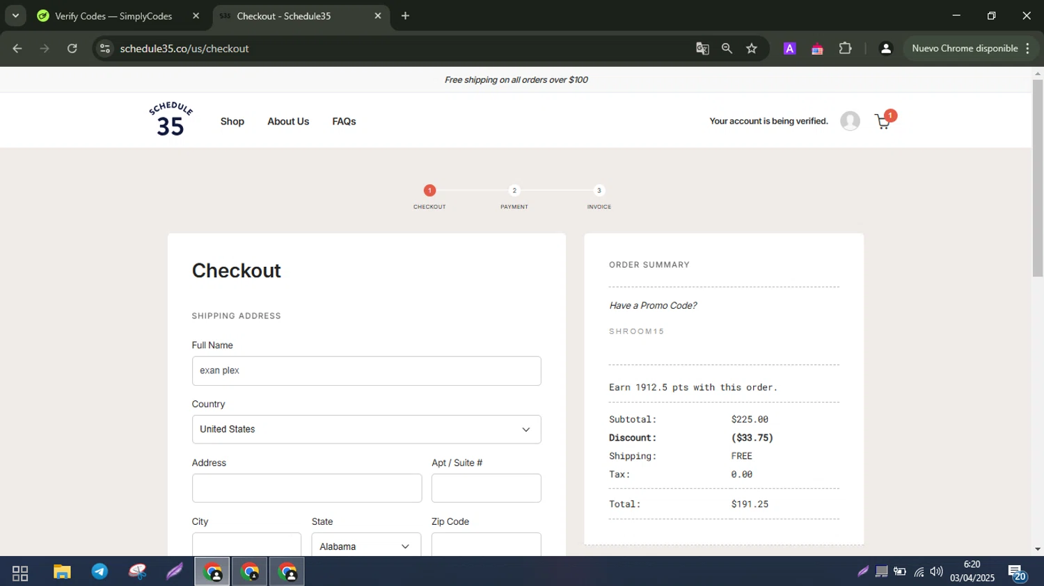 Schedule35 promo code screenshot showing code Shroom15 applied at Schedule35 checkout page. Uploaded by SimplyCodes community member AK_CIO on Apr 3, 2025