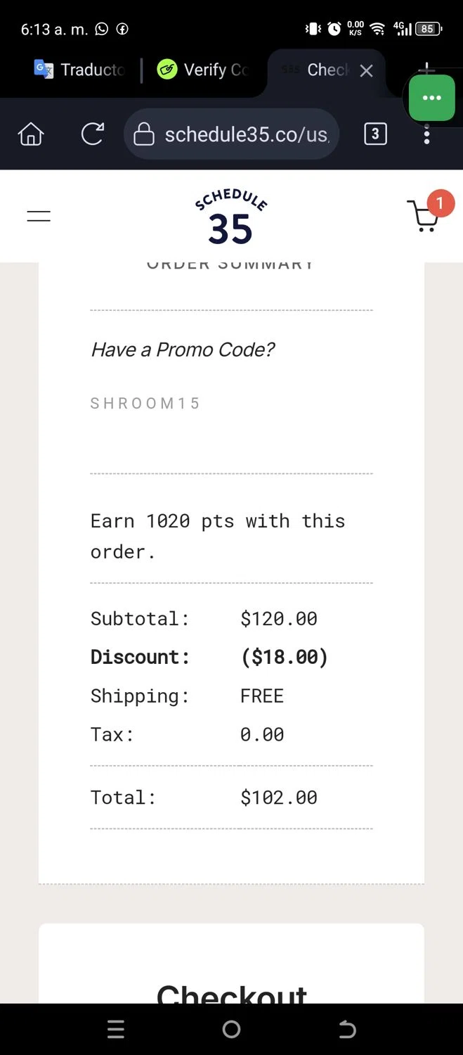 Schedule35 promo code screenshot showing code Shroom15 applied at Schedule35 checkout page. Uploaded by SimplyCodes community member JannyiseaN on Apr 3, 2025