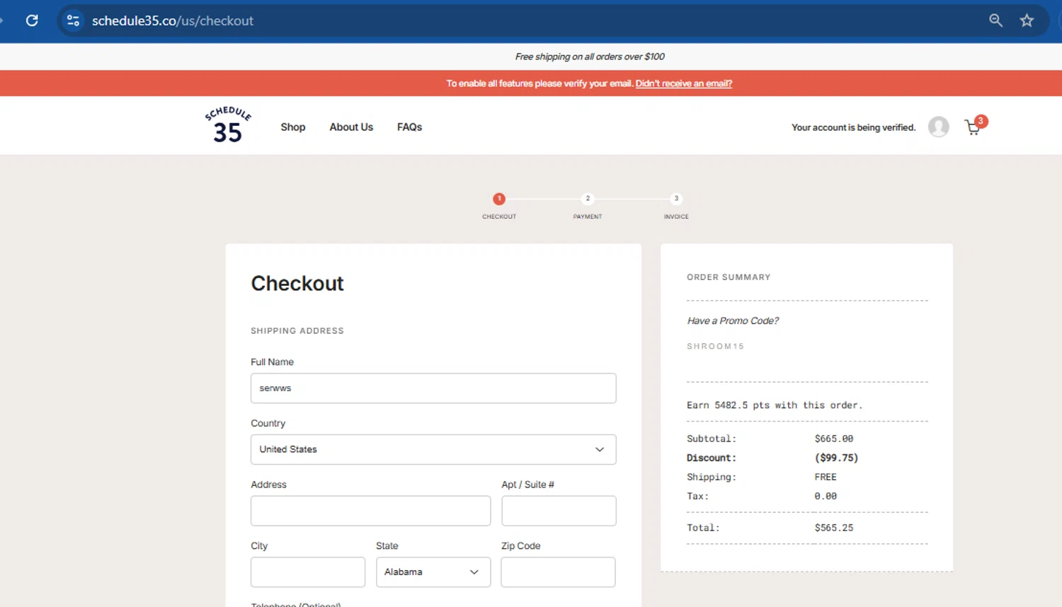 Schedule35 promo code screenshot showing code Shroom15 applied at Schedule35 checkout page. Uploaded by SimplyCodes community member ivanguere on Jul 14, 2025