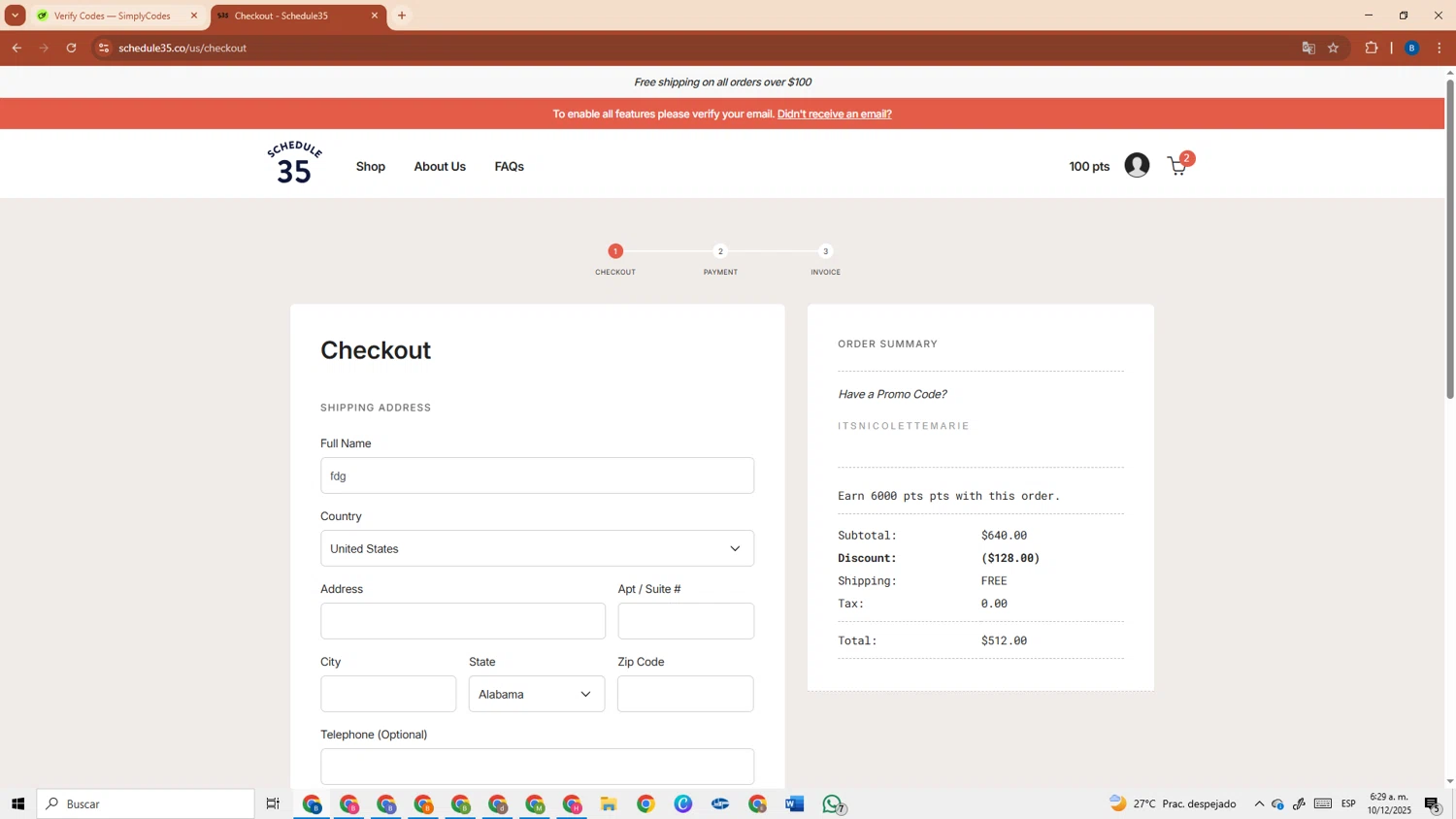 Schedule35 promo code screenshot showing code Itsnicolettemarie applied at Schedule35 checkout page. Uploaded by SimplyCodes community member DiscountRanger3690 on Dec 10, 2025