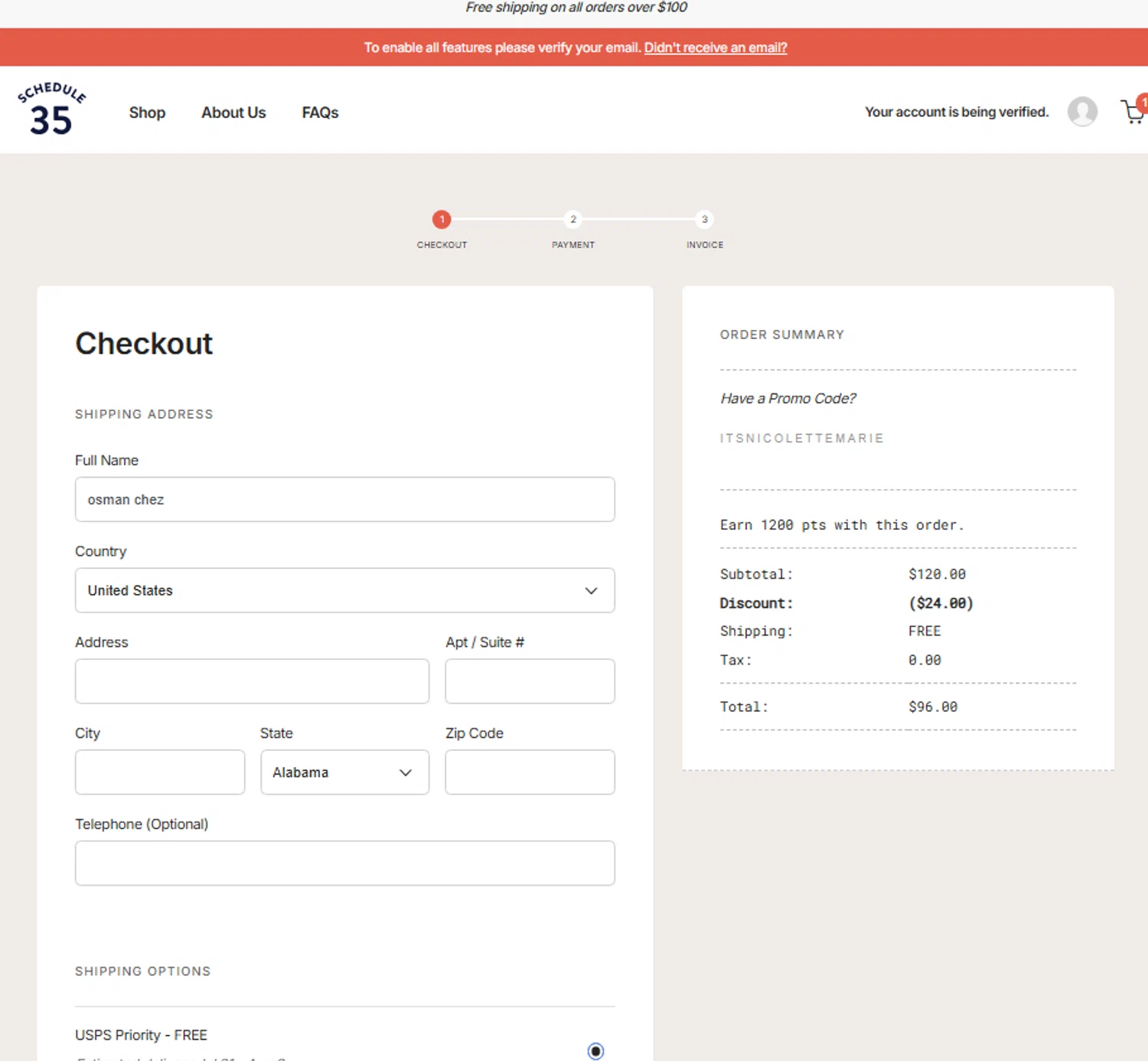 Schedule35 promo code screenshot showing code Itsnicolettemarie applied at Schedule35 checkout page. Uploaded by SimplyCodes community member ElonMusk on Jul 24, 2025