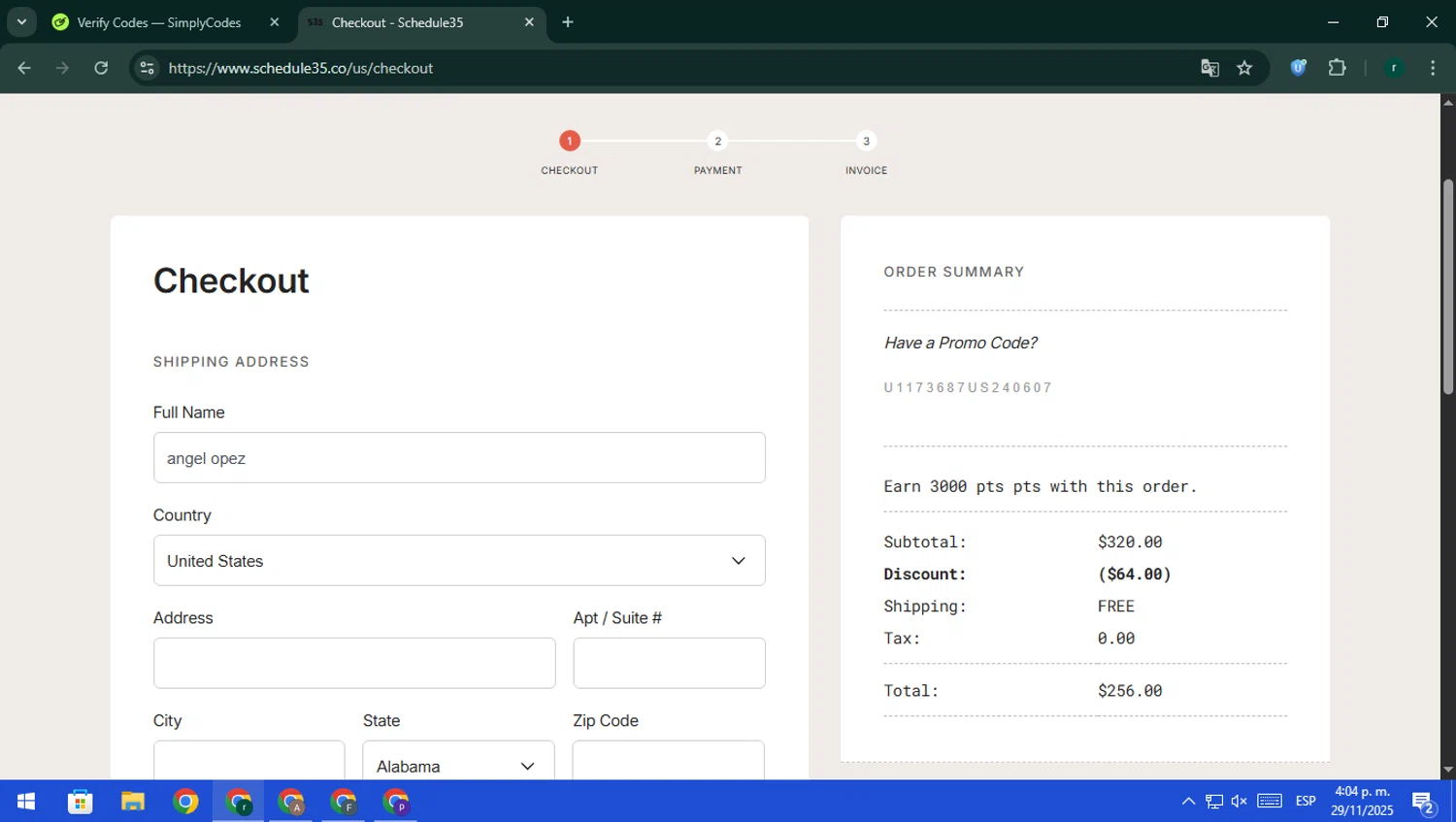 Schedule35 promo code screenshot showing code U1173687US240607 applied at Schedule35 checkout page. Uploaded by SimplyCodes community member rodri1 on Nov 29, 2025