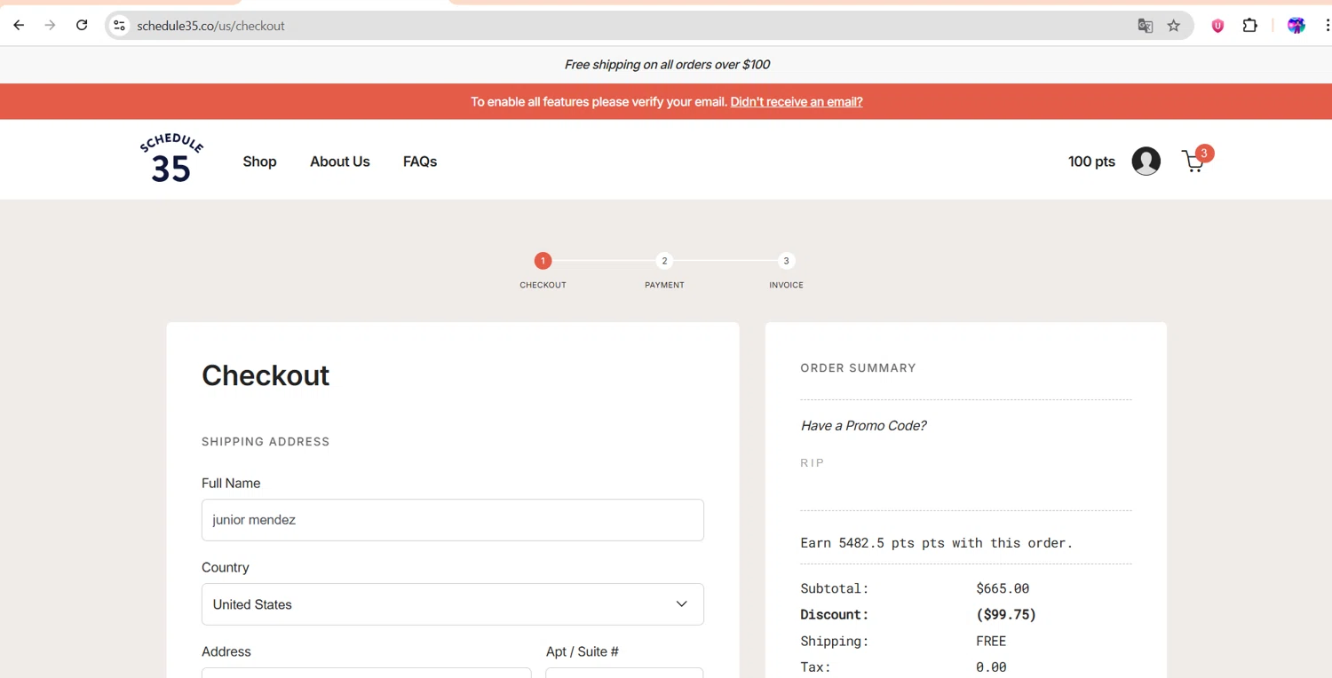 Schedule35 checkout page showing Schedule35 promo code box | Screenshot taken by SimplyCodes community member on Jan 28, 2026
