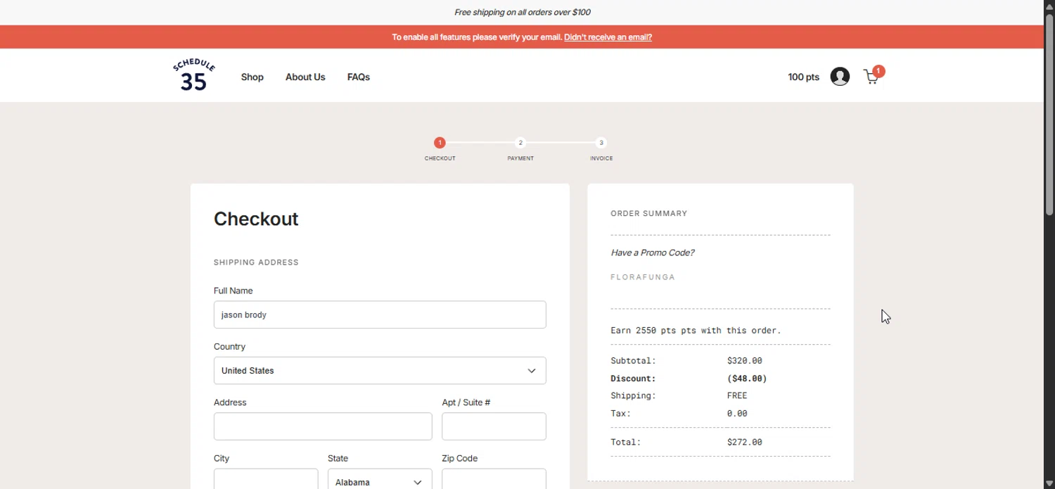 Schedule35 promo code screenshot showing code FLORAFUNGA applied at Schedule35 checkout page. Uploaded by SimplyCodes community member LuckyPioneer1027 on Dec 3, 2025