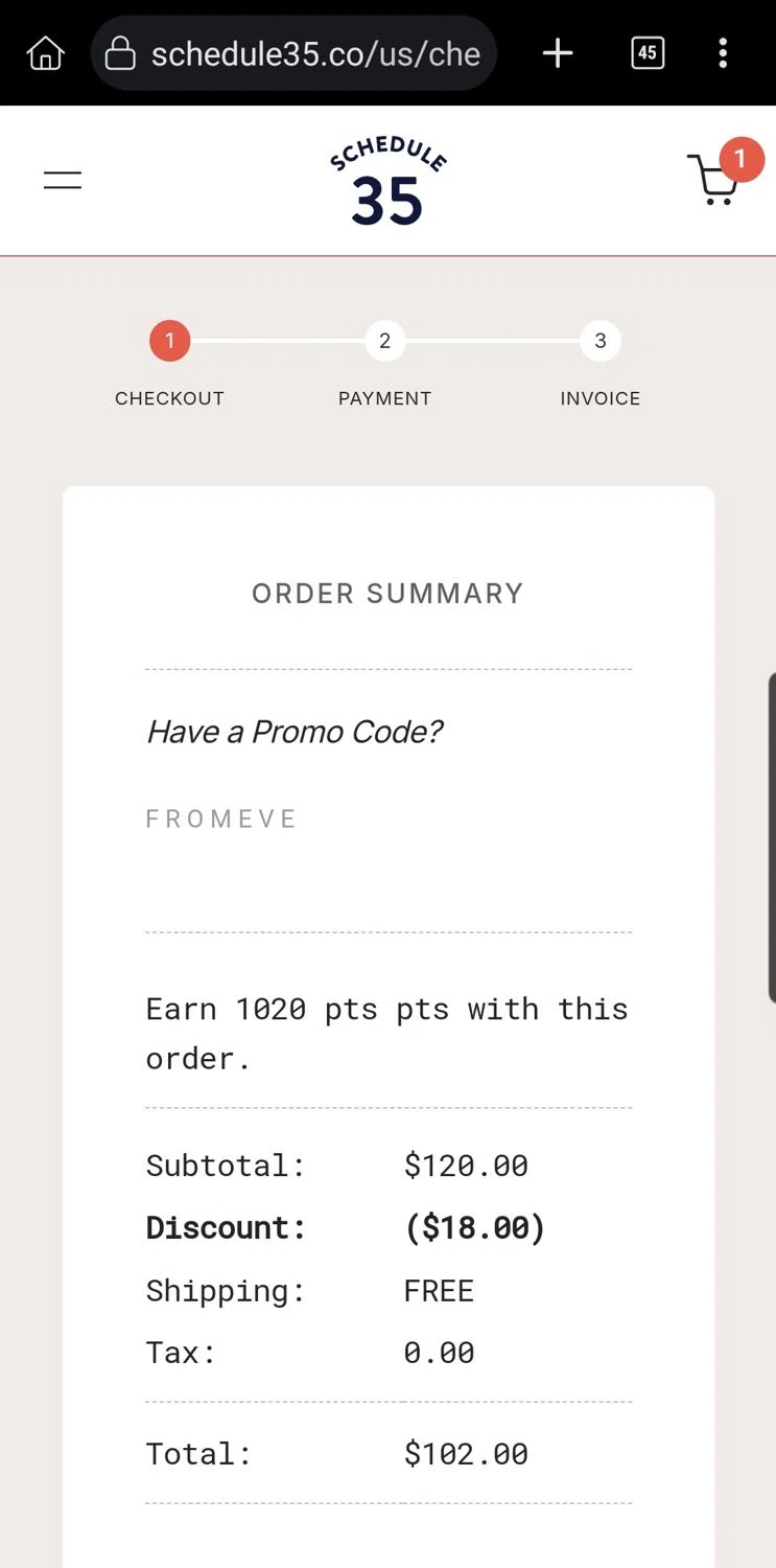 Schedule35 promo code screenshot showing code FROMEVE applied at Schedule35 checkout page. Uploaded by SimplyCodes community member Carloslvz on Jan 1, 2026