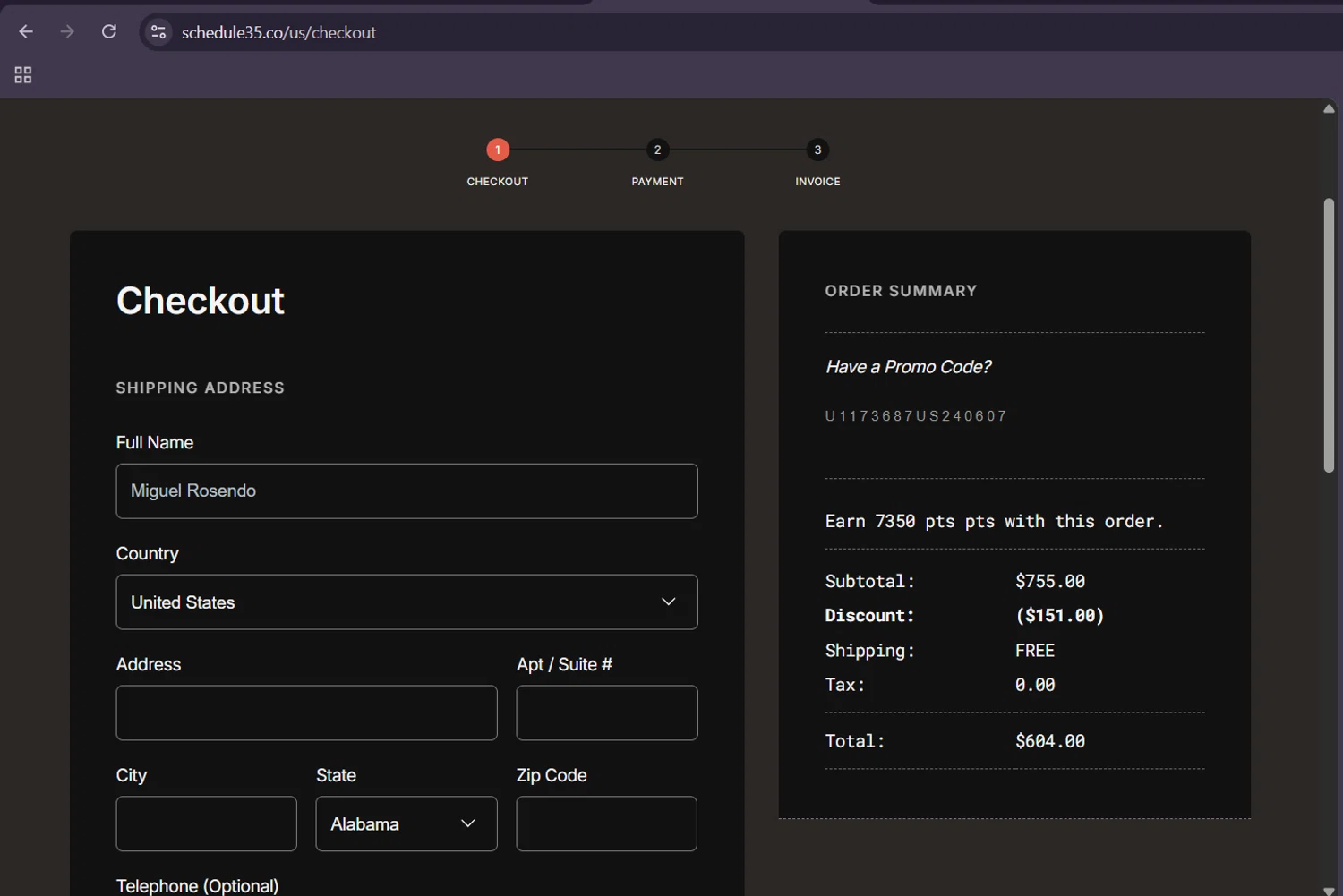 Schedule35 promo code screenshot showing code U1173687US240607 applied at Schedule35 checkout page. Uploaded by SimplyCodes community member AGDR28 on Nov 29, 2025