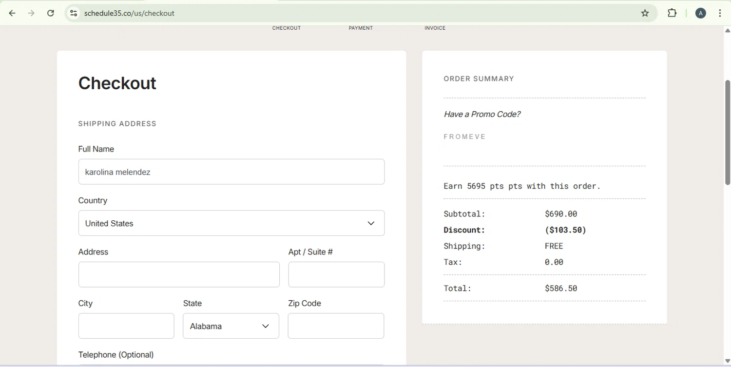 Schedule35 promo code screenshot showing code FROMEVE applied at Schedule35 checkout page. Uploaded by SimplyCodes community member PromoExpert5262 on Dec 3, 2025