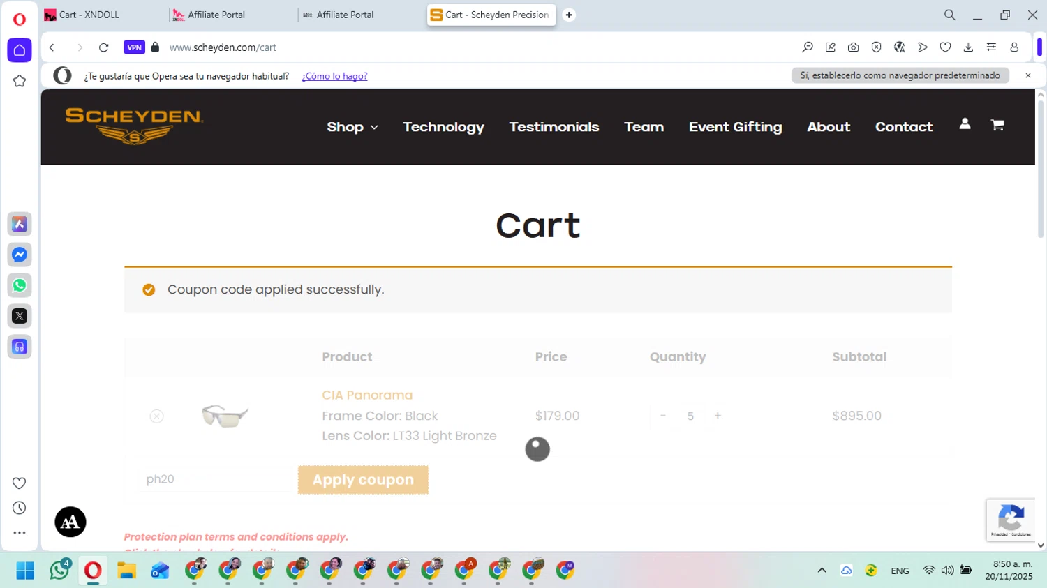 Scheyden Precision Eyewear promo code screenshot showing code ph20 applied at Scheyden Precision Eyewear checkout page. Uploaded by SimplyCodes community member DavidMGF on Nov 20, 2025