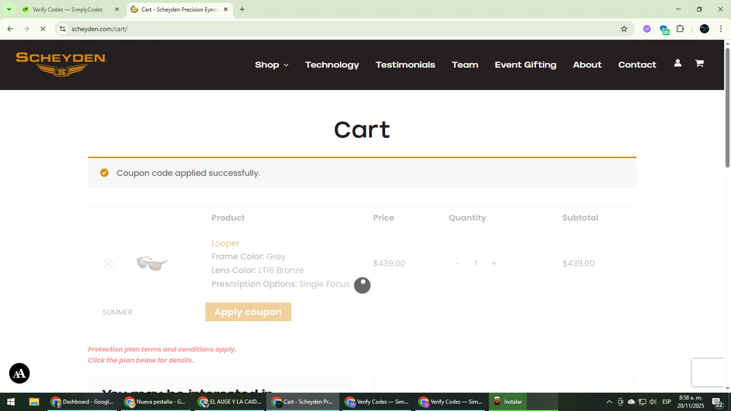 Scheyden Precision Eyewear promo code screenshot showing code SUMMER applied at Scheyden Precision Eyewear checkout page. Uploaded by SimplyCodes community member CarmenVGR on Nov 20, 2025