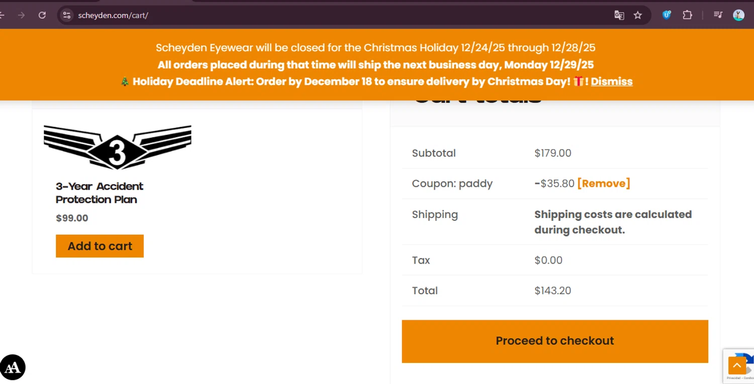 Scheyden Precision Eyewear checkout page showing Scheyden Precision Eyewear promo code box | Screenshot taken by SimplyCodes community member on Dec 21, 2025