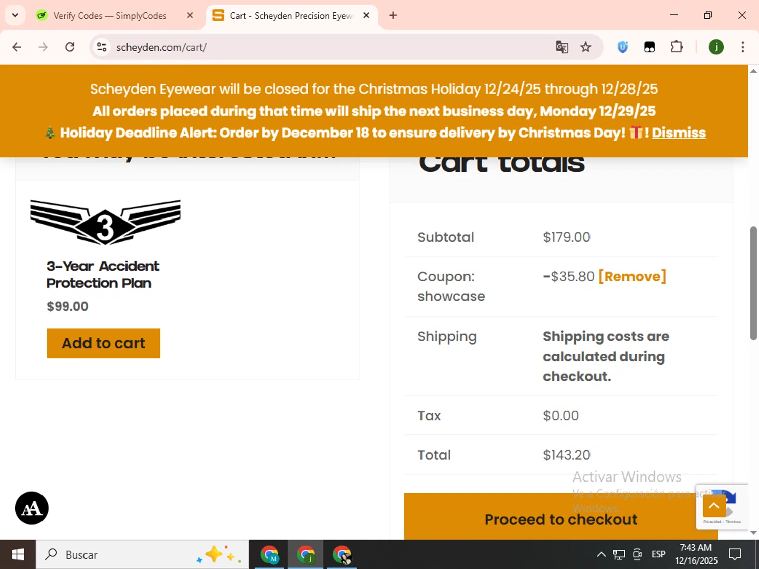 Scheyden Precision Eyewear checkout page showing Scheyden Precision Eyewear promo code box | Screenshot taken by SimplyCodes community member on Dec 16, 2025