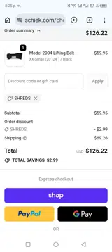 Schiek coupon verification screenshot