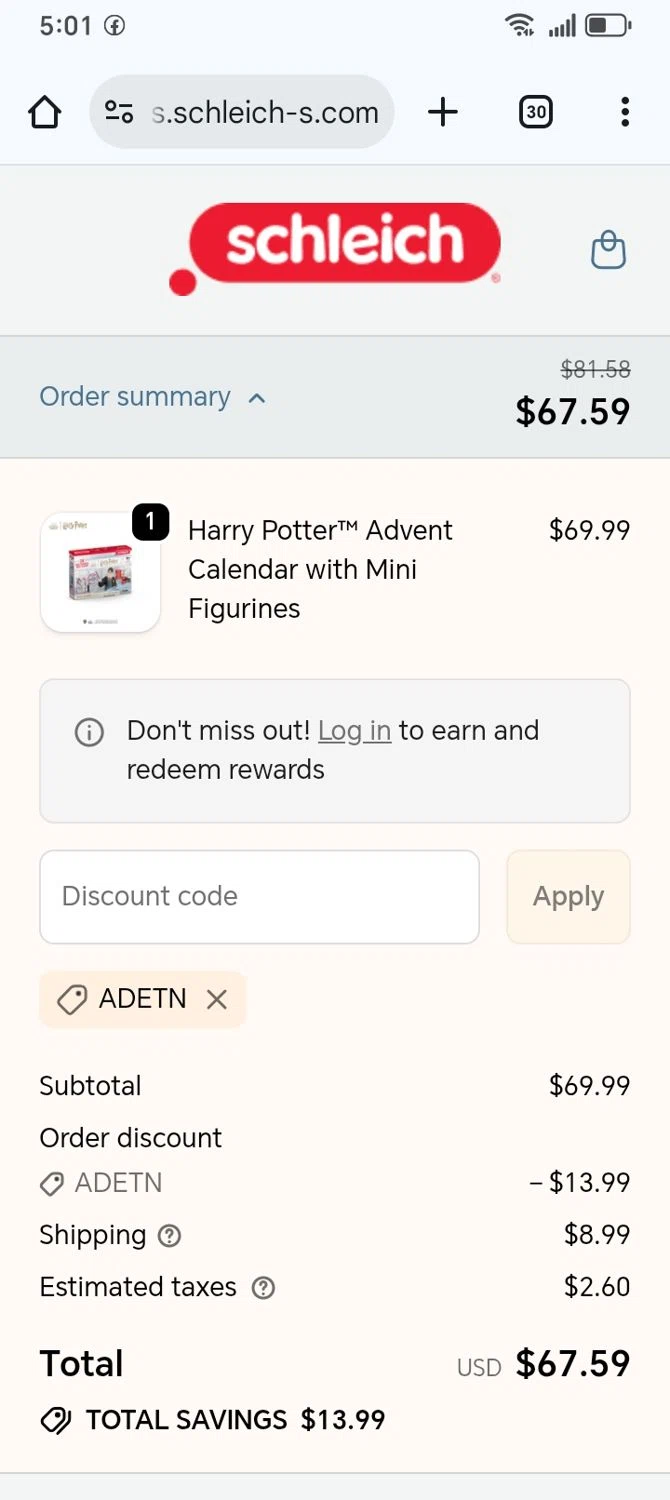 Schleich promo code screenshot showing code ADETN applied at Schleich checkout page. Uploaded by SimplyCodes community member franksanchez on Jan 31, 2026