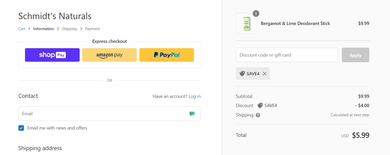 Schmidt's Deodorant checkout page showing Schmidt's Deodorant promo code box | Screenshot taken by SimplyCodes community member on Dec 11, 2023
