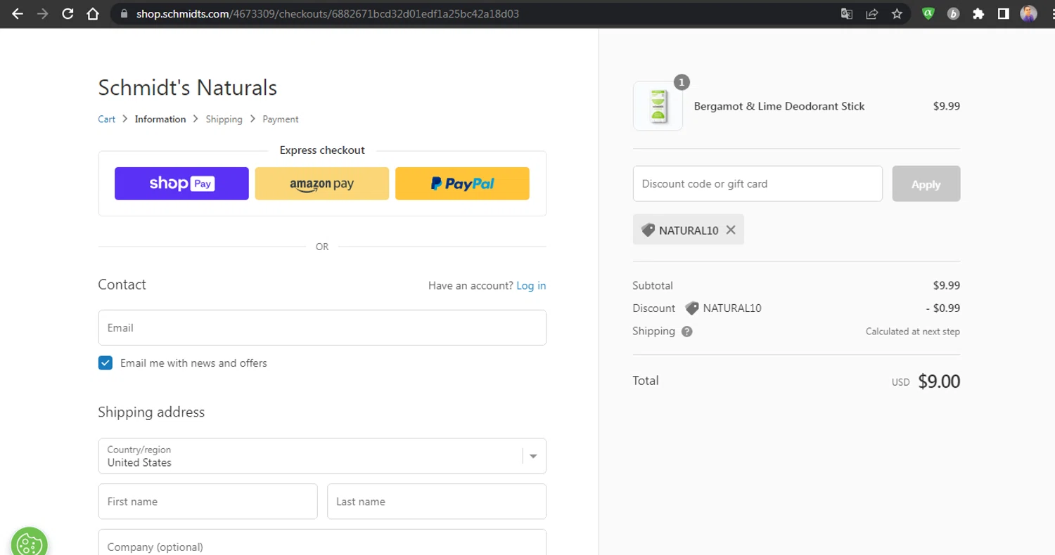 Schmidt's Deodorant checkout page showing Schmidt's Deodorant promo code box | Screenshot taken by SimplyCodes community member on Nov 18, 2023