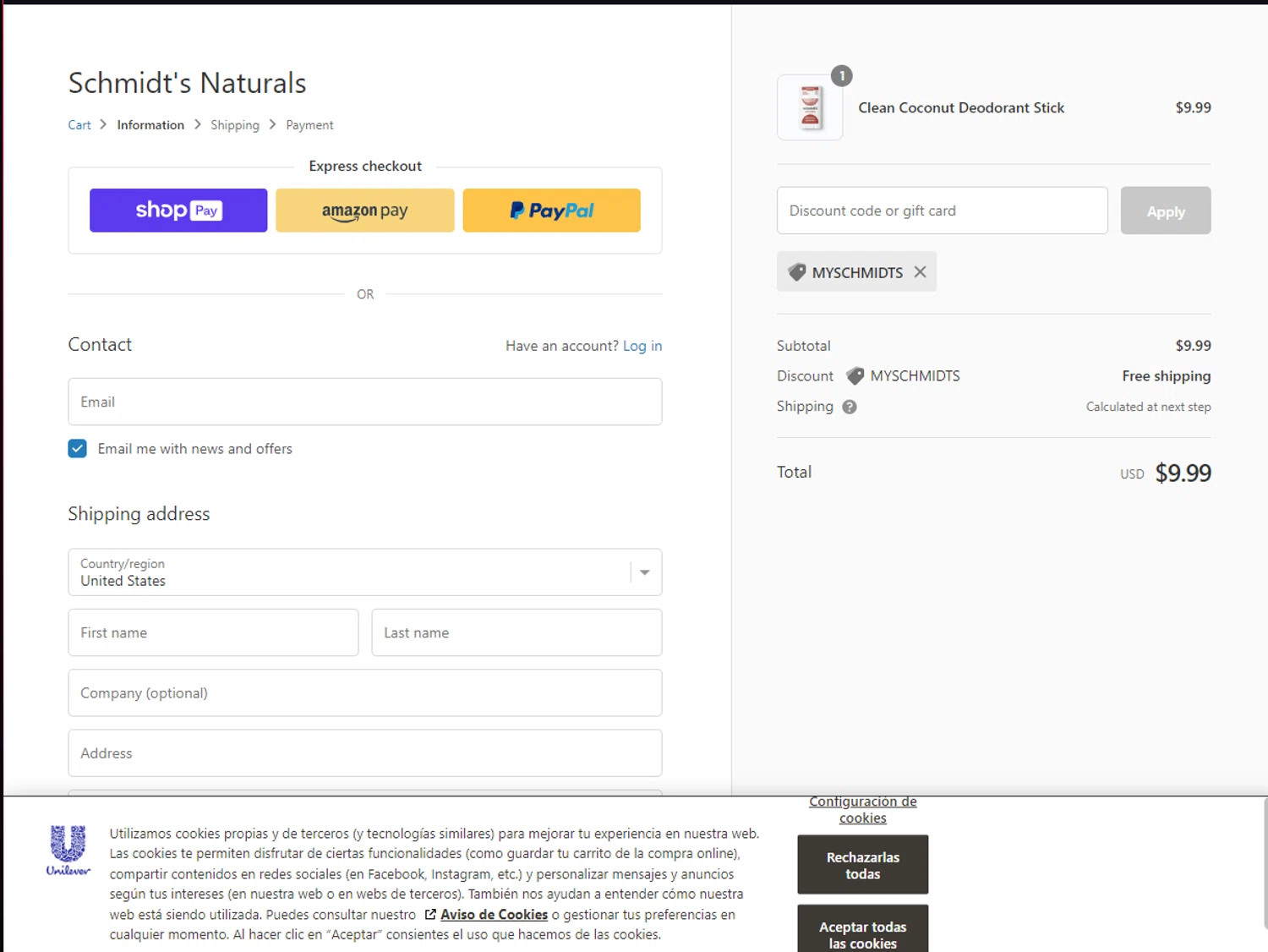 Schmidt's Deodorant checkout page showing Schmidt's Deodorant promo code box | Screenshot taken by SimplyCodes community member on Nov 18, 2023
