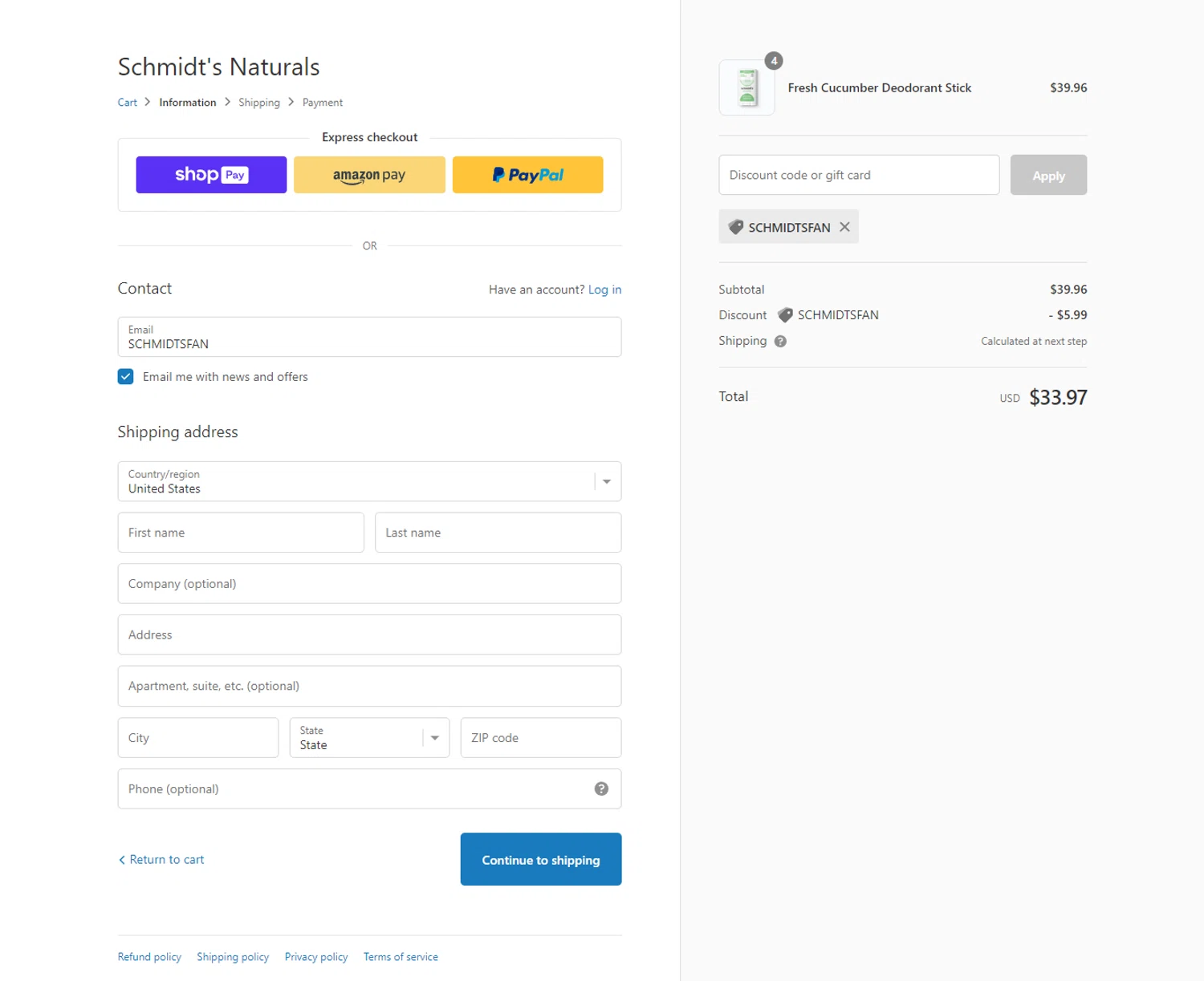 Schmidt's Deodorant checkout page showing Schmidt's Deodorant promo code box | Screenshot taken by SimplyCodes community member on Nov 13, 2023
