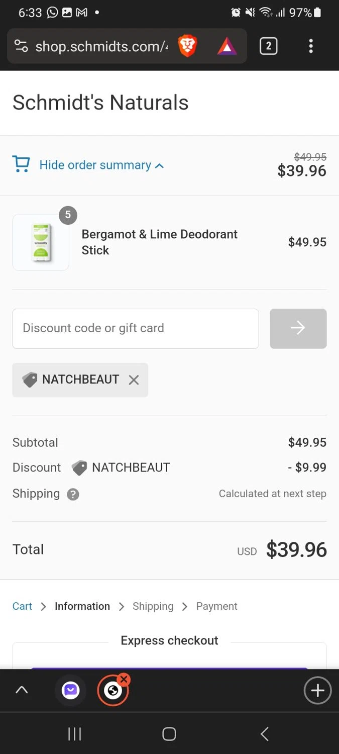 Schmidt's Deodorant checkout page showing Schmidt's Deodorant promo code box | Screenshot taken by SimplyCodes community member on Dec 17, 2023