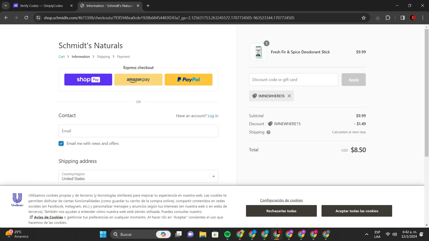 Schmidt's Deodorant checkout page showing Schmidt's Deodorant promo code box | Screenshot taken by SimplyCodes community member on Feb 12, 2024
